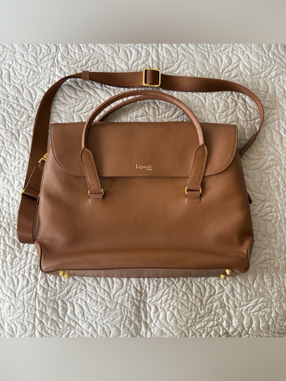 Lipault Plume Elegance Leather Commuter Laptop Bag Cognac Brown excellent